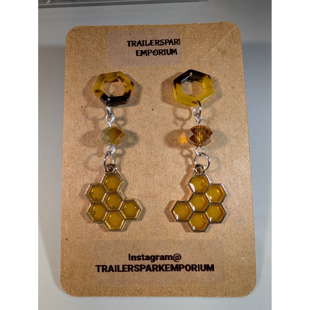 Trailerspark Emporium Honeycomb Dangle Earrings Yellow Enamel Nickel Free